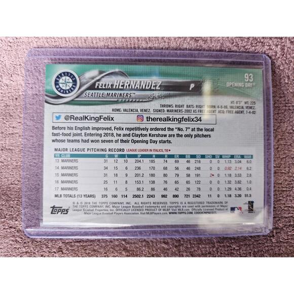 2018 Topps Opening Day Blue Foil #93 Felix Hernandez - Mariners - RAW Mint - Picture 2 of 2